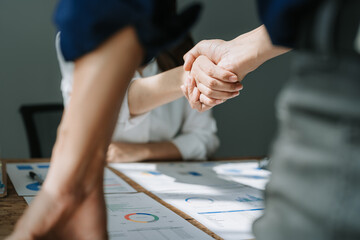 Handshake, contract deal and business partnership of  meeting with shaking hands. Networking, hiring and professional negotiation of onboarding collaboration and congratulations of project