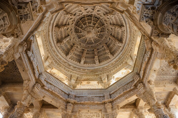 Historic Jain temple detail ceiling architecture in Ranakpur, Rajasthan, India. Built in 1496.