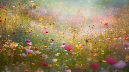 Obraz na płótnie Canvas Spring colorful wildflower field background. Generative AI