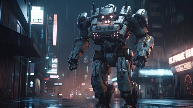 science fiction military robot with glowing eyes, digital art illustration, Generative AI