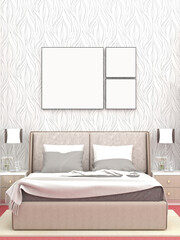 Interior of the bedroom with a double bed. Mockup poster. AI Generative