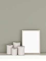 Mockup poster frame in the interior background with a group of candles. AI Generative
