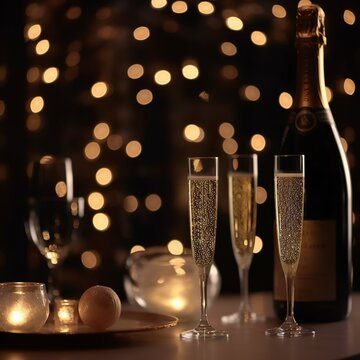 two glasses of champagne and bottle on black bokeh background.