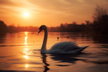 a swan looking at the sunset