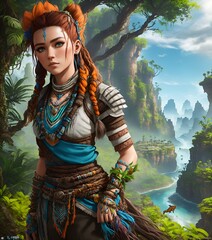 perfectly centered medium upper shot of beautiful girl in creatures from horizon zero dawn jungle cliffs in the background. colorful ai generated ultra realistic photography.