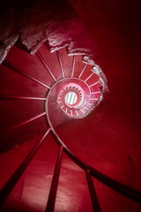 Red spiral staircase low angle vertical view in Chengdu, Sichuan province, China - 597664412