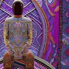 A digital abstract portrait of a faceless figure, with intricate patterns and shapes covering the body in shades of pink and purple1, Generative AI