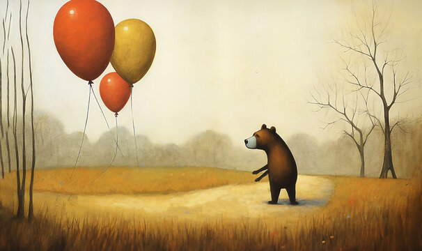 Holiday Birthday card with bear with balloon. Illustration. post processed AI generated image