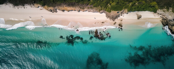 Crystal clear ocean waters and a stunning aerial view of a beach and coastline create a picturesque paradise for marine activity and outdoor fun. AI Generative.