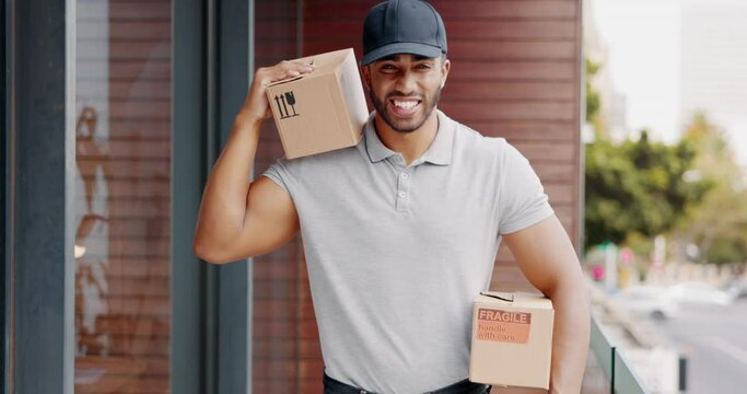 Delivery man, smile and holding boxes for ecommerce, shipping or customer package in city. Portrait of happy male in logistics smiling with box, parcel or cargo from supply chain on a balcony in town