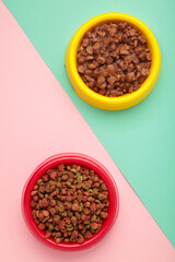 Wet and dry pet food in feeding bowls on colorful background. Vertical photo