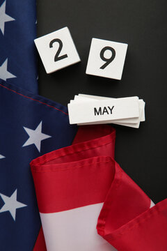 Cube calendar with date 29 May of Memorial Day with USA flag. Vertical photo