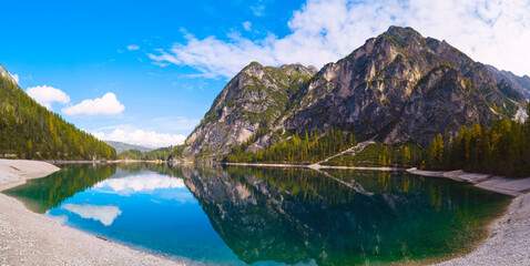 Fototapeta na wymiar Lake in Dolomites mountains beautiful landscape, Lago di Braies, South Tyrol, Italy, Europe