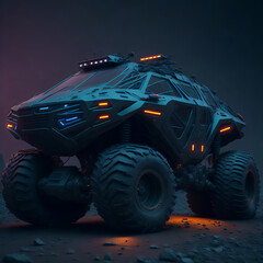 Futuristic truck with offroad tires in neon color