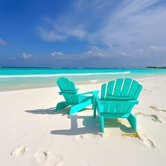 lovely beach. Chairs by the water on the sandy beach. Tourism idea for summer vacations and holidays.