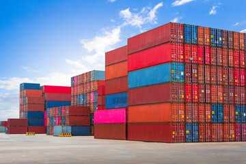 Row of Stacked Containers Cargo Shipping. Handling of Logistic Transportation Industry. Cargo...