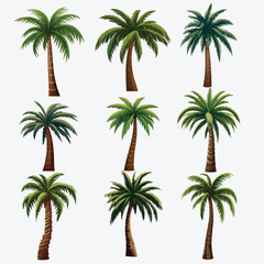 Assorted Vector Palm Trees in Various Variants, Isolated on a White Artboard