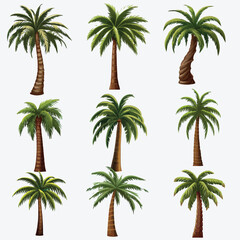 Variety of Vector Palm Trees in Various Designs, Isolated on a White Artboard