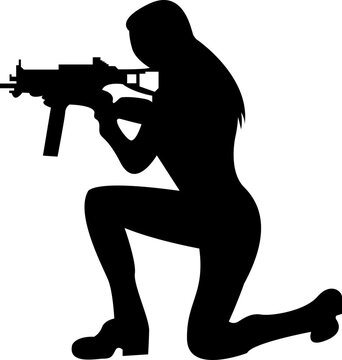 SILHOUETTE OF GIRL WITH GUN , MATCHINE GUN , SHOOTING , AIMING , POINTING GUN, FILM , MOVIE SCENE