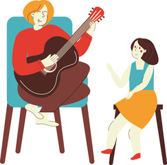 musician with guitar. Man playing guitar and woman sitting on chair. Vector illustration in flat style