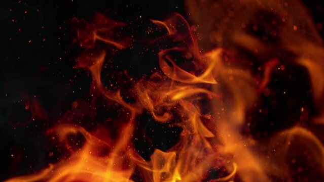 Super Slow Motion Shot of Fire and Sparks Isolated on Black Background at 1000fps.