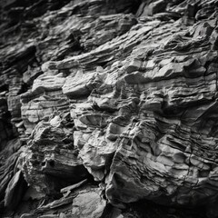 Huge fissures and layers split this aged, ragged cliff face. Background, Coarse, rough gray stone or rock texture of the mountains.