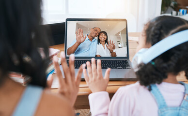 Laptop screen, video call and family with virtual communication, happy grandparents and online network. Happy biracial people and child wave hello on computer for online conversation and connection - Powered by Adobe