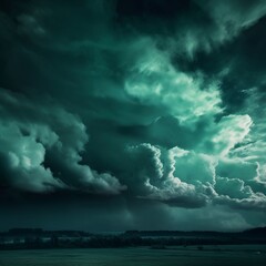 Over serene lake, gorgeous cloud patterns can be seen, reflected sunshine, and a distant storm.