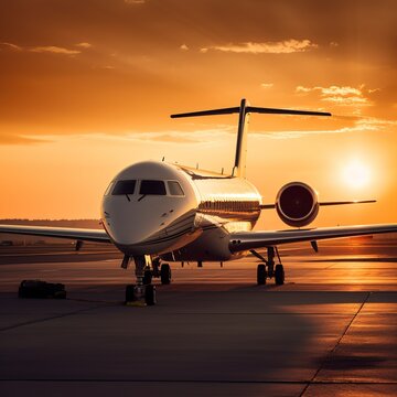 Beautiful front view bright evening with a bright sunset and a starry sky background, a modern, luxurious, and expensive private jet plane parked at an airport.