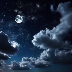 Naklejka na ściany i meble Clouds and a full, bright moon in the night sky.