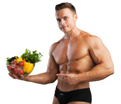 A young man muscular holds vegetables, diet healthy concept