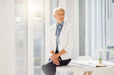 Elderly business woman, portrait and smile for career vocation, management position or corporate...