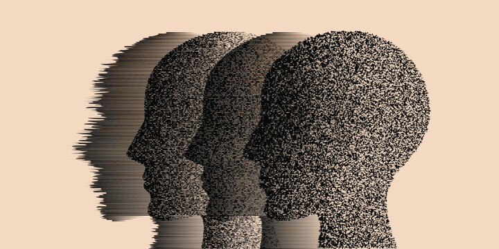 people marden makeover abstract, Dissociative disorder, Brain problems. Degenerative disease. Bipolar disorder, double personality, Thoughts and voices concept vector.