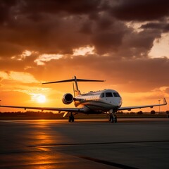 Fototapeta na wymiar airplane in a striking dusk light setting above the clouds.