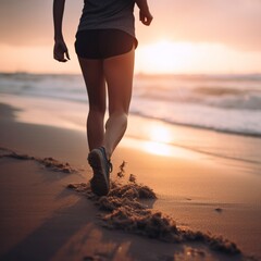 person running on the beach at sunset.