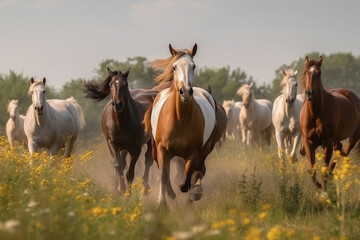 Fototapeta na wymiar a herd of horses is running in the meadow 