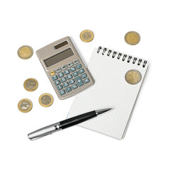 Calculator and pen on note pad with scattered coins png - obrazy, fototapety, plakaty
