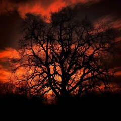 The treescape is silhouetted by the setting sun.