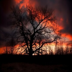 Obraz premium The treescape is silhouetted by the setting sun.