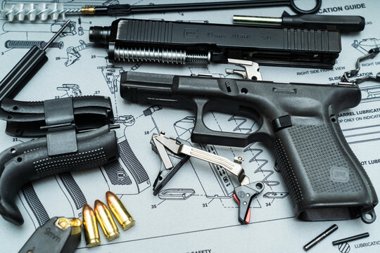 Baltics, April 2023.  Glock 19 pistol disassembled for cleaning.