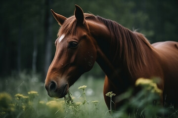 a horse is eating in the meadow
