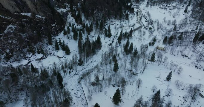  Aerial Birds Eye View Over Snow Covered Snow Covered Landscape In Val Di Mello Valley Forest With Slow Tilt Up Reveal