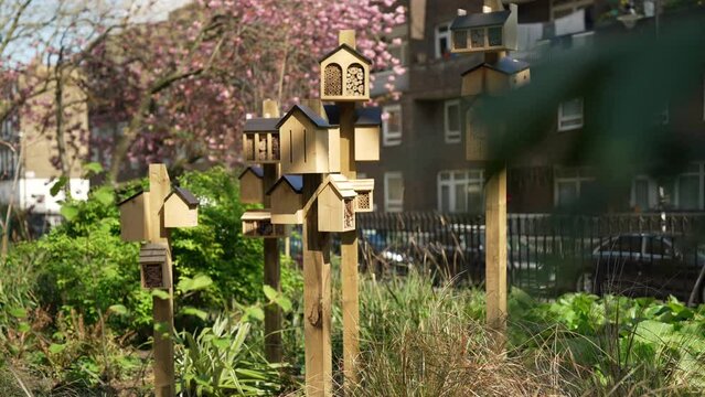 Slow motion shot of bee housees with trees