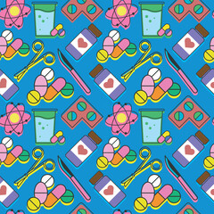 medical pattern with color elements of atom, glass, pills, scissors, scalpel and bottle