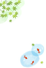 金魚と青もみじの水彩画風のシンプルなメッセージカードイラスト　はがきサイズ縦