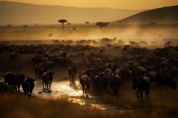 Fototapeta na wymiar wildebeest, migration, tanzania, kenya, africa, serengeti national park, maasai mara, national reserve, safari, silhouette, river crossing, sunset, tree, sunrise, sky, animal, wild, sun, wildlife, ani