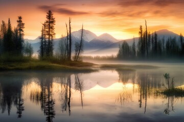 Fototapeta na wymiar Morning Sunrise over a Colorado Rocky Mountains and Lake with Fog, Stunning Scenic Landscape Wallpaper, Generative AI