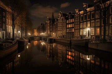 Fototapeta na wymiar The Amsterdam Canal Houses at night, Close up, Windows, Stunning Scenic Landscape Wallpaper, Generative AI