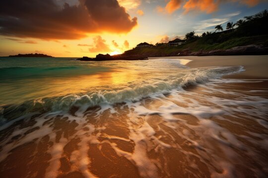 Caribbean Tropical Island Paradise, Sandy Beach at Sunset, Stunning Travel Scenic Landscape Wallpaper, Generative AI
