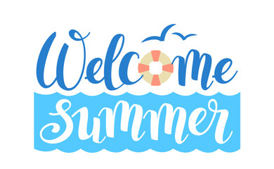 Welcome summer, logo template in a retro design. Vector illustration of summer lettering with sea waves